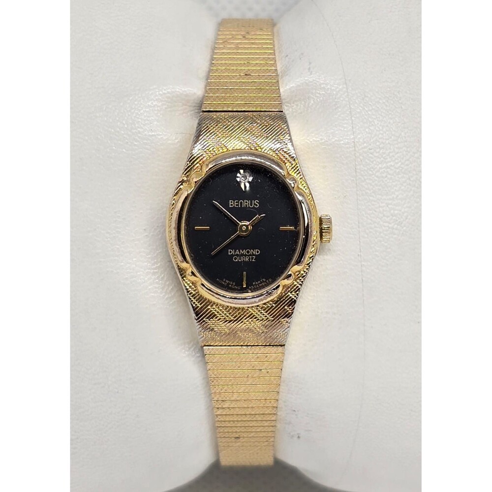 Women's Vintage Benrus Diamond Round Black Dial Gold Tone Mesh Band Watch 04